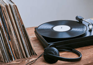 vinyl record in player on table